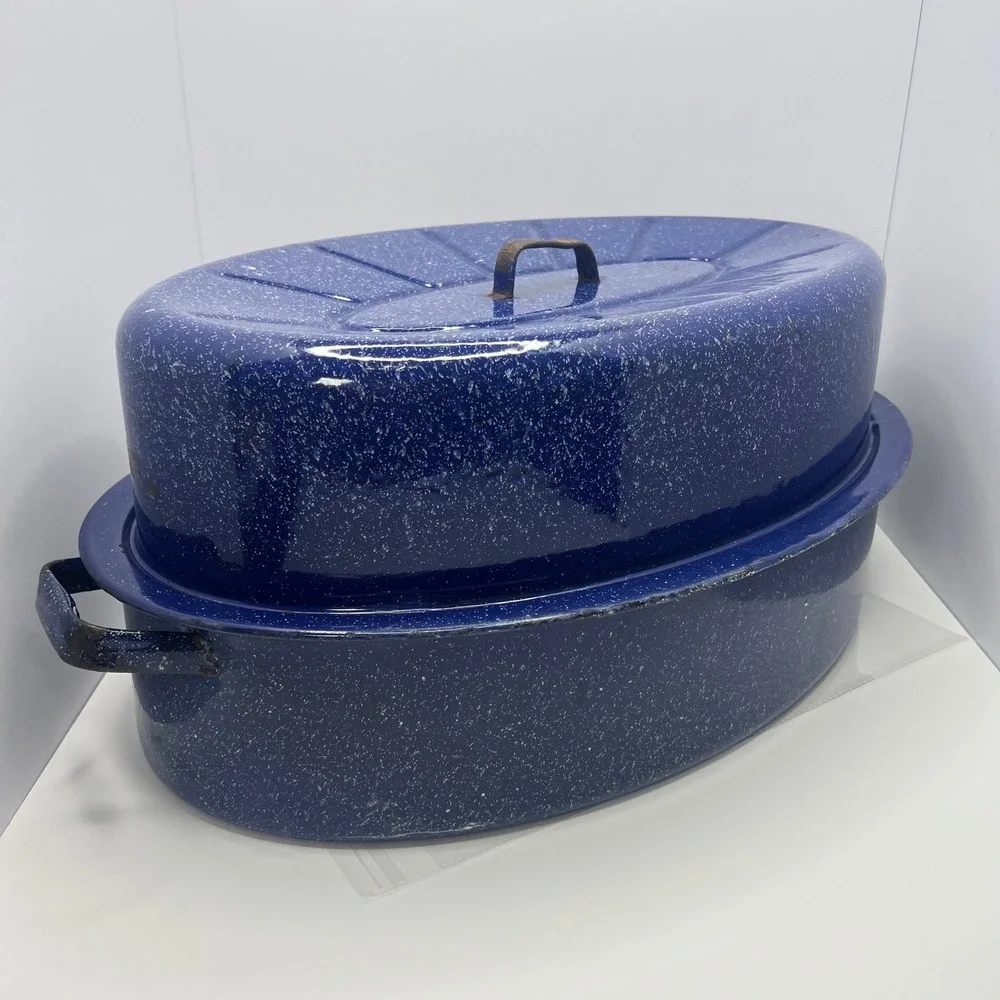 Antique Blue Speckled Enamelware Roasting Pan High Dome Lid Deep Form Farmhouse